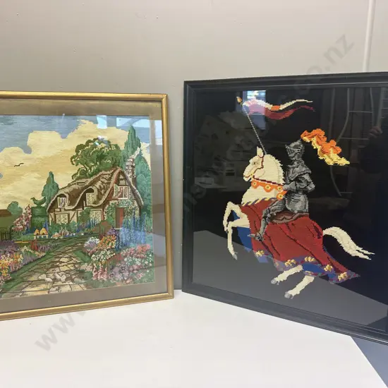 Large Framed Artwork Vintage Cross Stitch Horse & House Scene